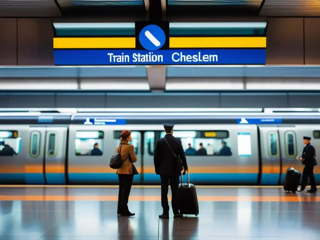 Una estación de tren moderna llena de viajeros, seguridad reforzada y tecnología de vigilancia, destacando la evolución de la seguridad en trenes