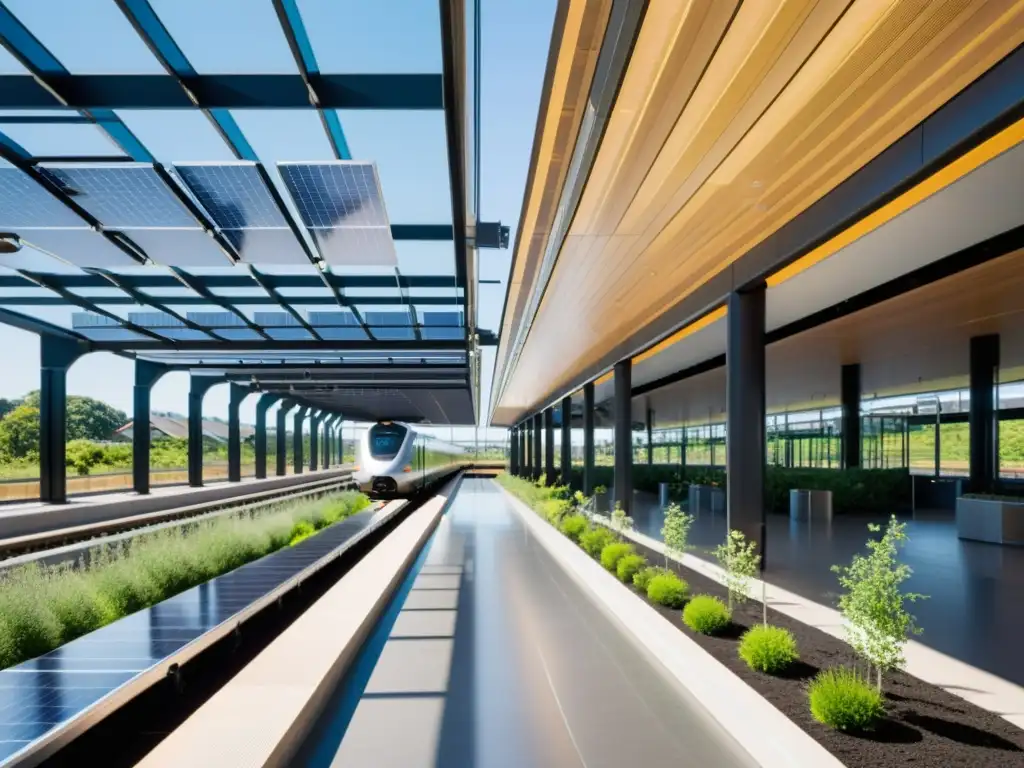 Una estación de tren moderna, con paneles solares brillantes y un sistema de recolección de agua lluvia