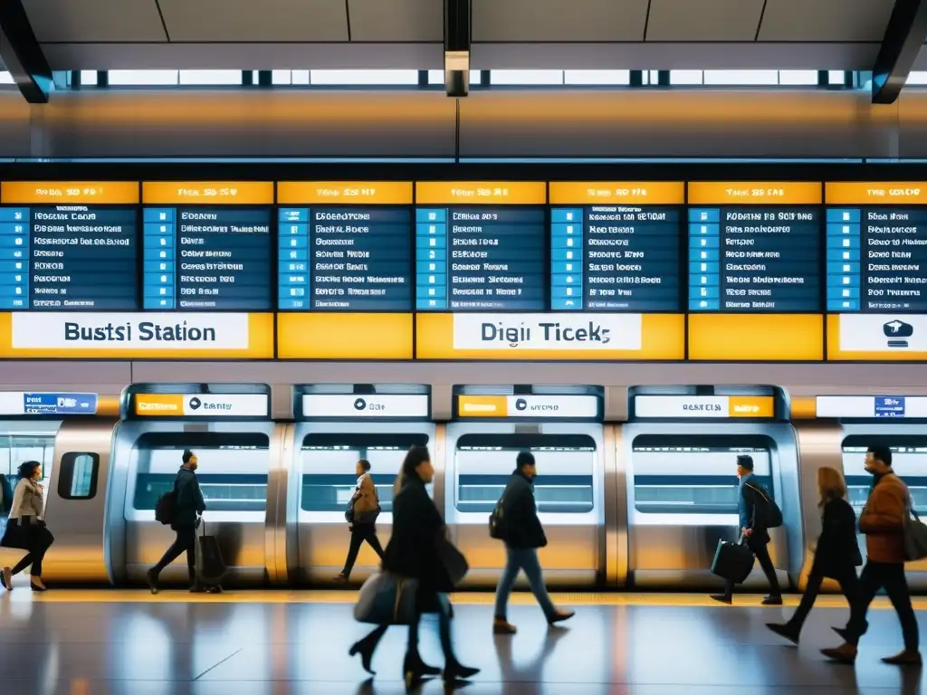 Una estación de tren multifuncional moderna y eficiente, con viajeros y tiendas