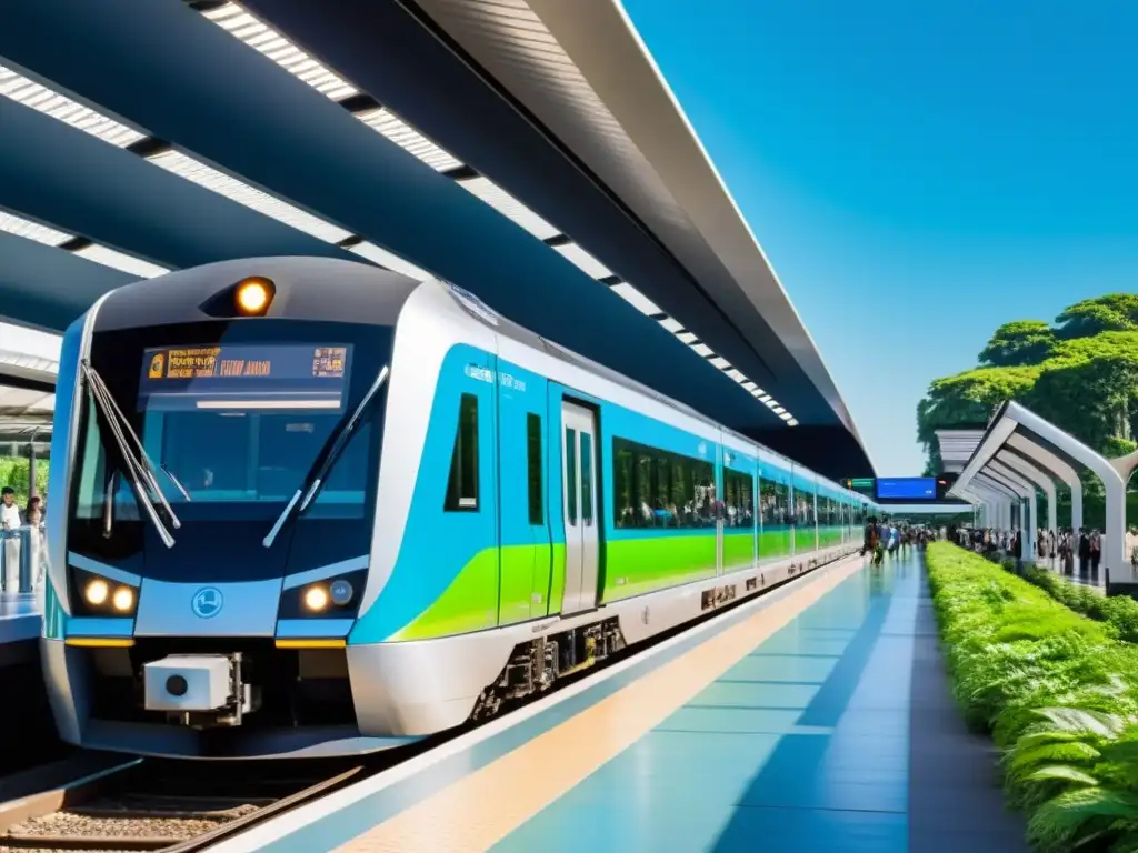 Una estación de tren sostenible llena de viajeros esperando el moderno tren eléctrico, rodeada de naturaleza y paneles solares