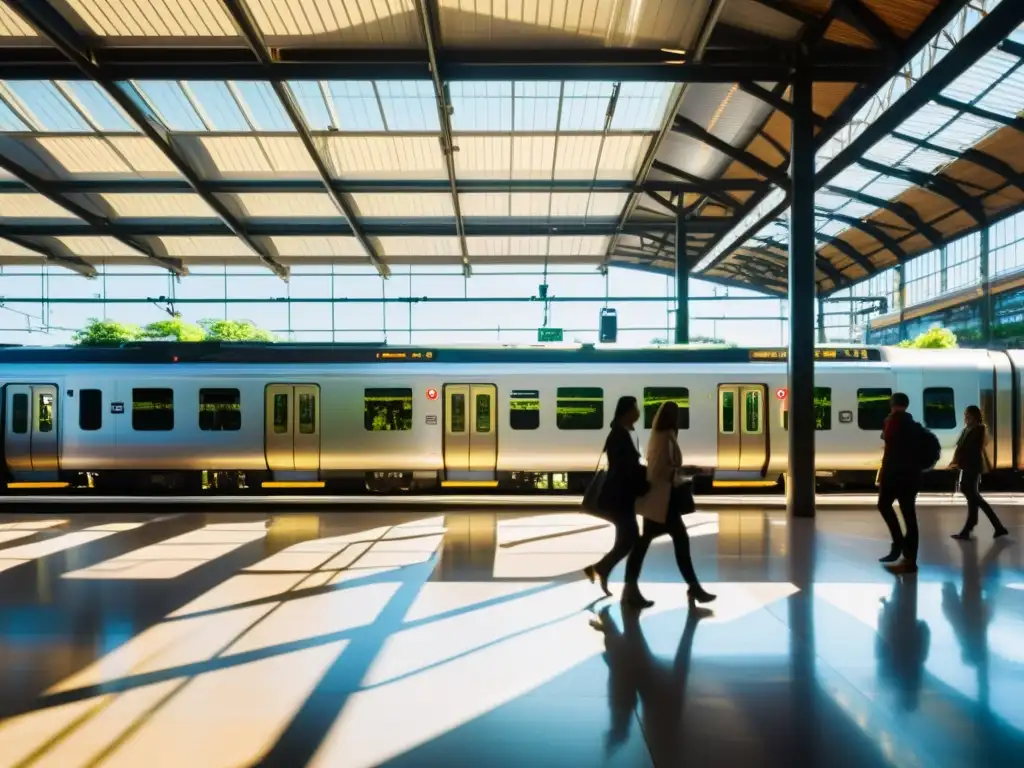 En la estación de tren, intermodalidad transporte sostenible eficiencia se refleja en la bulliciosa plataforma, con pasajeros y trenes coloridos