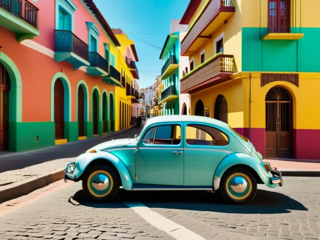 Un icónico Volkswagen Escarabajo estacionado en una animada ciudad latinoamericana, rodeado de edificios coloridos y gente