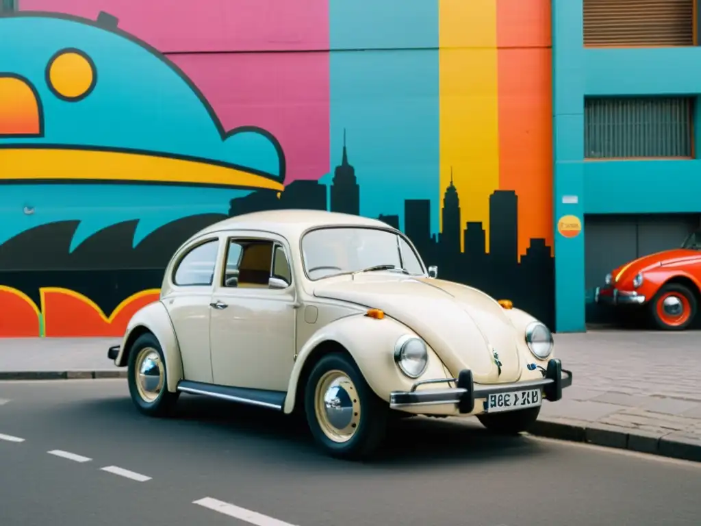 Volkswagen Beetle estacionado frente a un muro lleno de grafitis en la ciudad