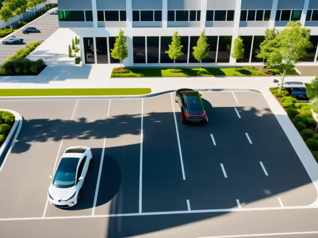 Estacionamiento comercial con infraestructura de carga para vehículos eléctricos integrada en la propiedad, bajo el sol del mediodía