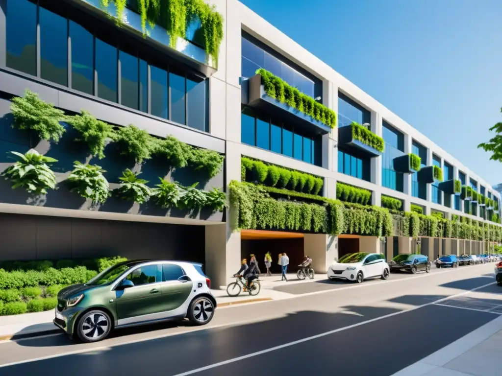 Un estacionamiento inteligente urbano, con paneles solares y estaciones de carga para vehículos eléctricos, en una bulliciosa calle de la ciudad