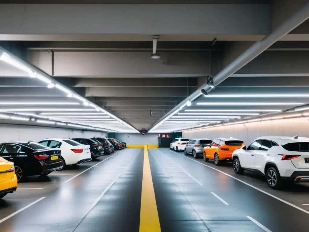 Estacionamiento subterráneo en el centro de la ciudad, con vehículos ordenados bajo luces brillantes