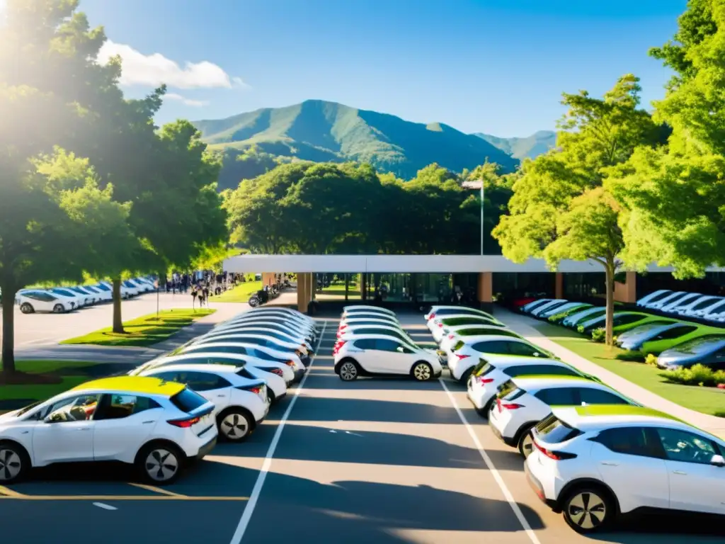 Estacionamiento universitario lleno de vehículos de car sharing eléctricos, estudiantes activos