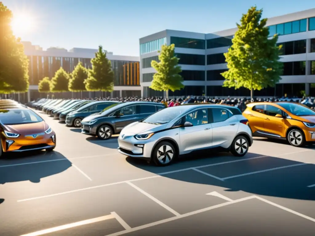 Estacionamiento universitario lleno de vehículos eléctricos de car sharing, con estudiantes y profesores interactuando