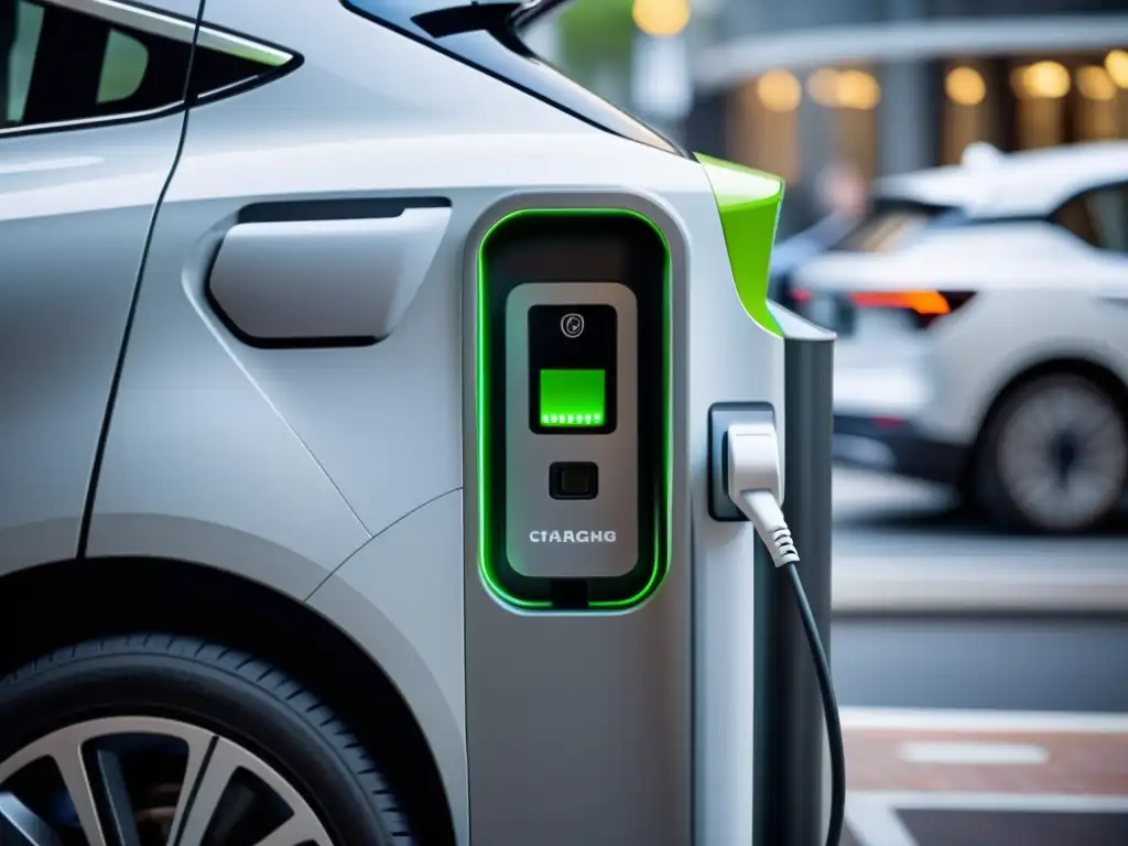 Estaciones de carga rápida portátiles en ajetreada ciudad: vehículos eléctricos conectados a estación con LED indicando carga