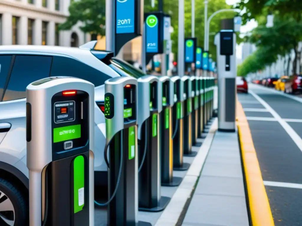 Estaciones de carga rápiles portátiles integradas en la bulliciosa ciudad, con vehículos eléctricos cargando y un paisaje urbano vibrante