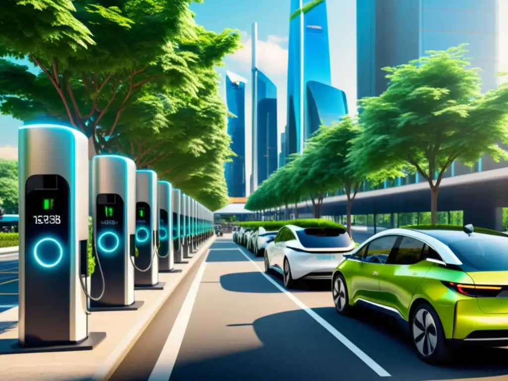 Estaciones de carga vehículos eléctricos inteligentes integradas en una ciudad futurista con energía vibrante