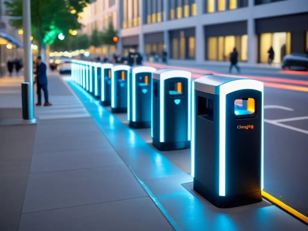 Estaciones de carga vehículos eléctricos inteligentes iluminadas en una bulliciosa ciudad futurista