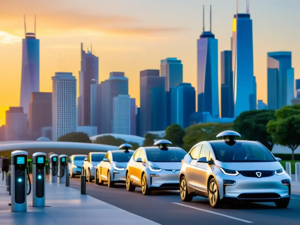 Estaciones de carga vehículos eléctricos inteligentes en una ciudad futurista y sostenible, con modernos vehículos y un atardecer cálido