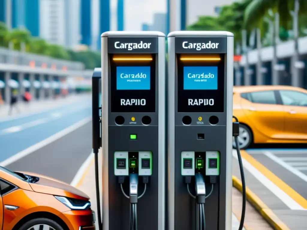 Dos estaciones de carga de vehículos eléctricos, una rápida y otra lenta, en medio de la bulliciosa ciudad