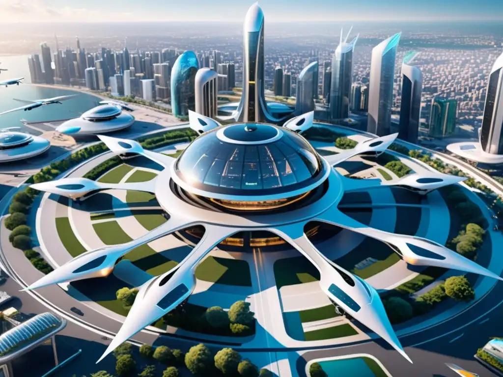Metrópolis futurista: drones y taxis aéreos en acción Estaciones de drones y taxis voladores futuristas en una ciudad ultramoderna llena de tecnología de vanguardia