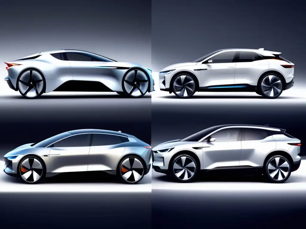 Comparación evolución estética vehículos eléctricos lujo: bocetos conceptuales y modelos finales en imagen documental de alta resolución