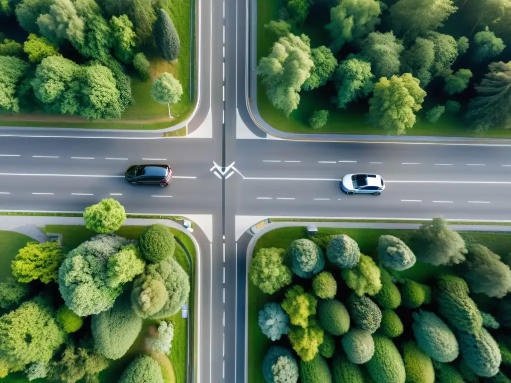 Distribución estratégica de estaciones de carga eléctrica rodeadas de vegetación, integradas en la red vial con vehículos eléctricos