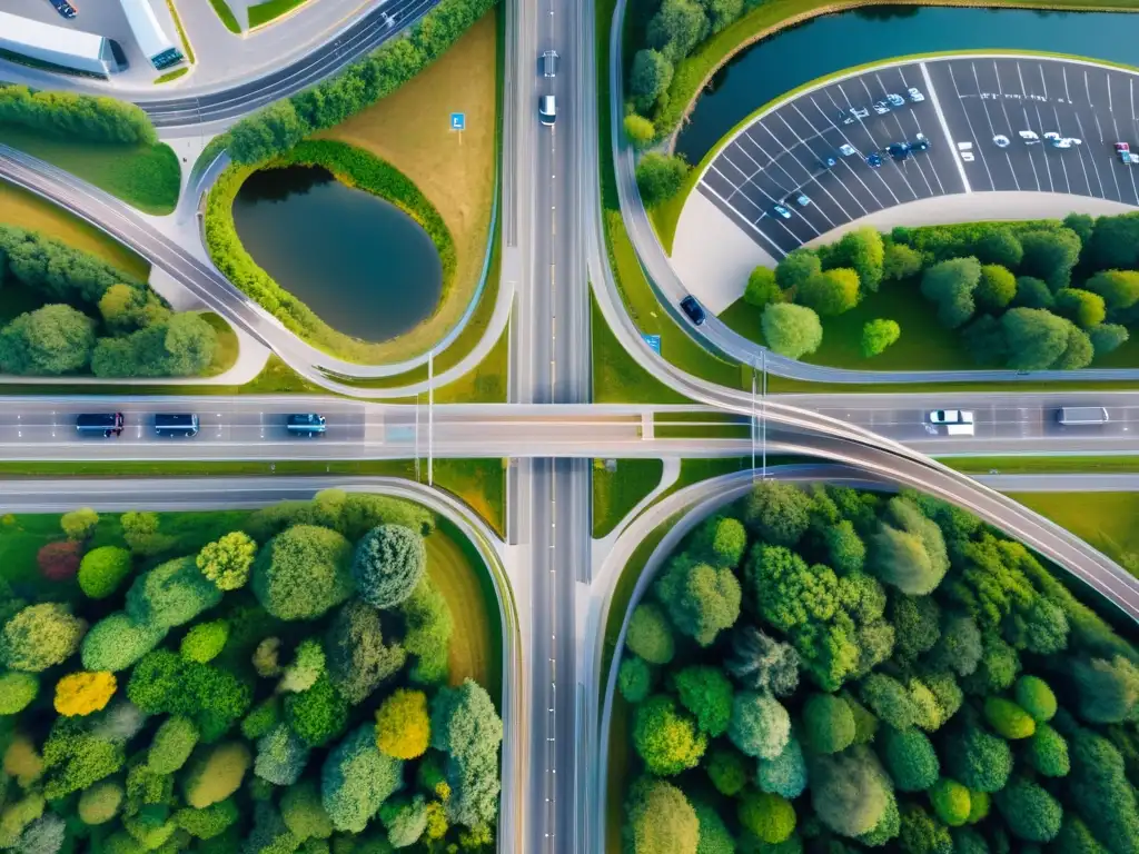 Distribución estratégica de estaciones de carga eléctrica en un bullicioso intercambio vial, con vehículos eléctricos y flujo dinámico de tráfico