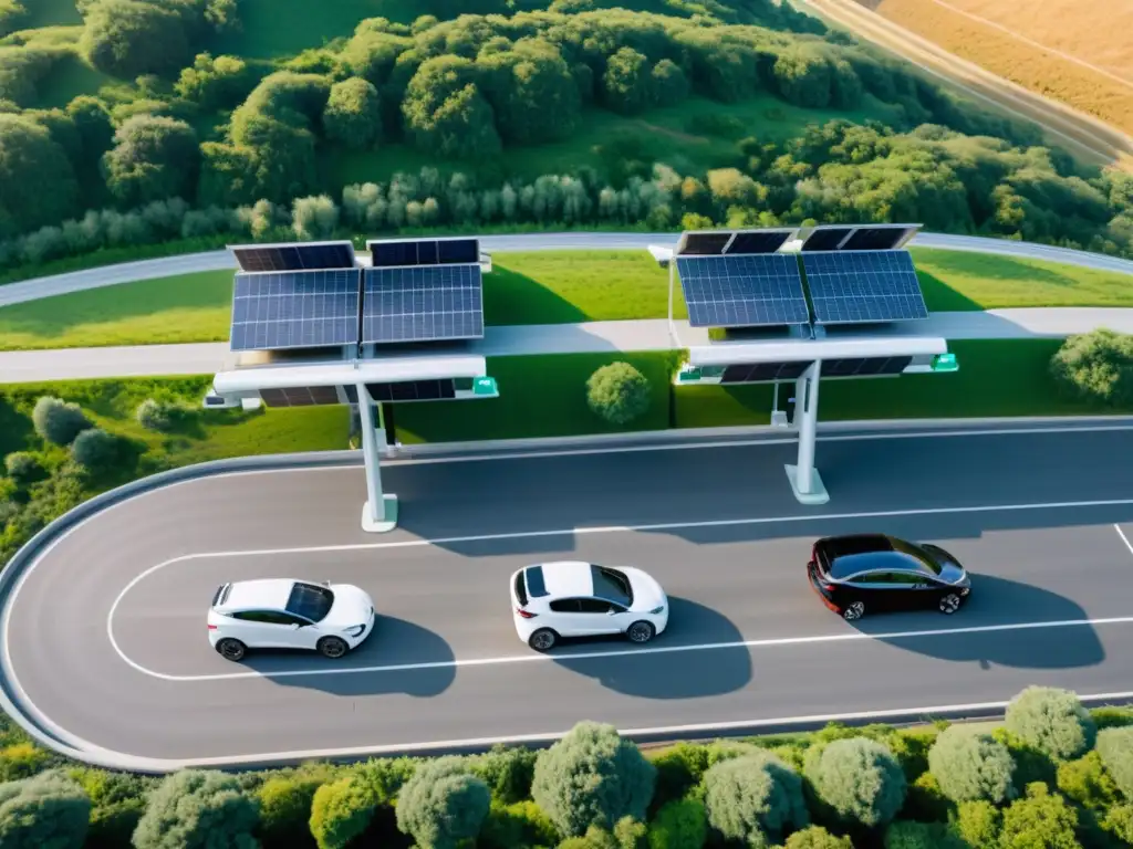 Distribución estratégica de estaciones de carga eléctrica en paisaje verde y soleado con vehículos eléctricos
