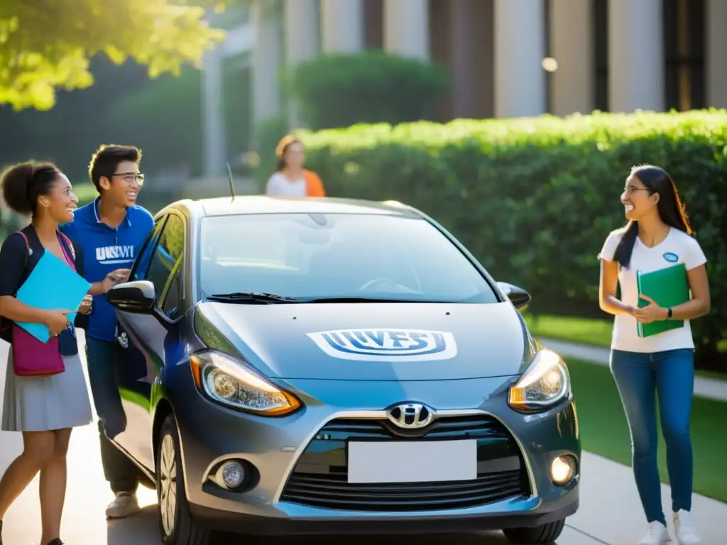 Estudiantes entusiasmados discuten el programa de car sharing en la universidad