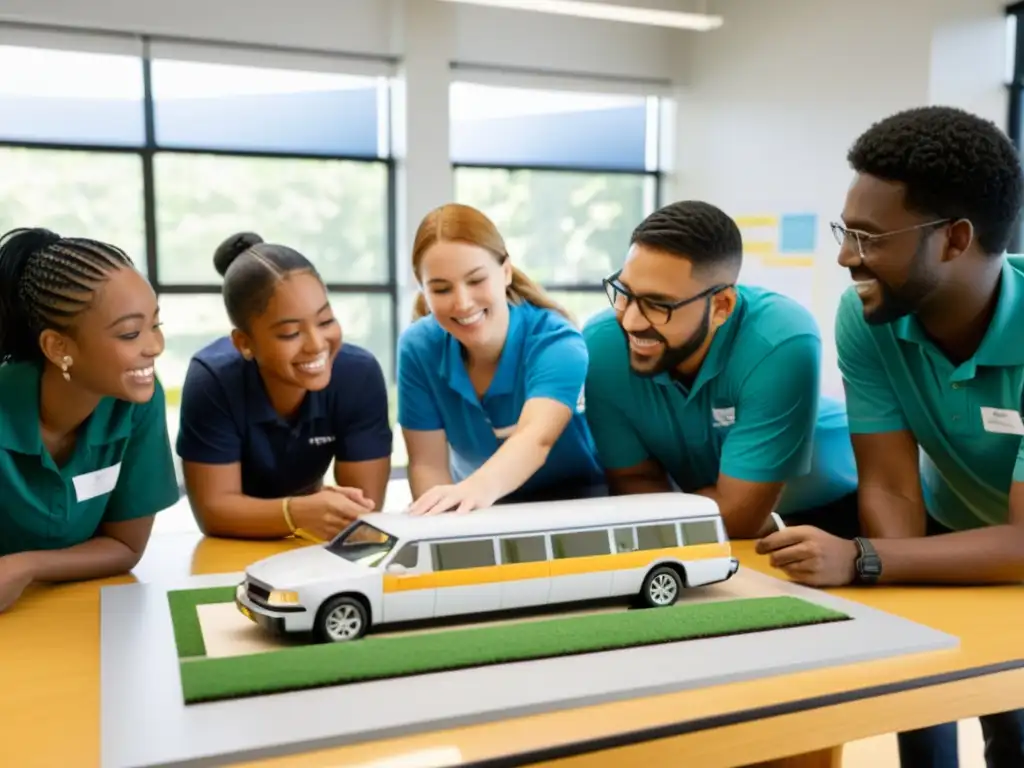 Estudiantes y maestros colaboran en proyectos transporte sostenible educación en aula moderna luminosa y vibrante