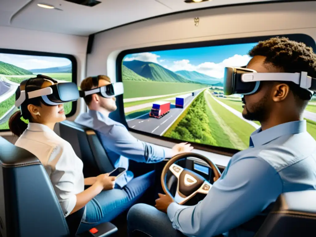 Estudiantes de transporte inmersos en simulación de conducción de camiones en realidad virtual en formación de transporte