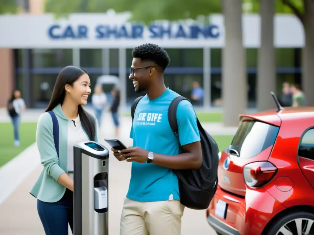 Estudiantes universitarios en campus usando modelos de car sharing en universidades, fomentando sostenibilidad y conveniencia