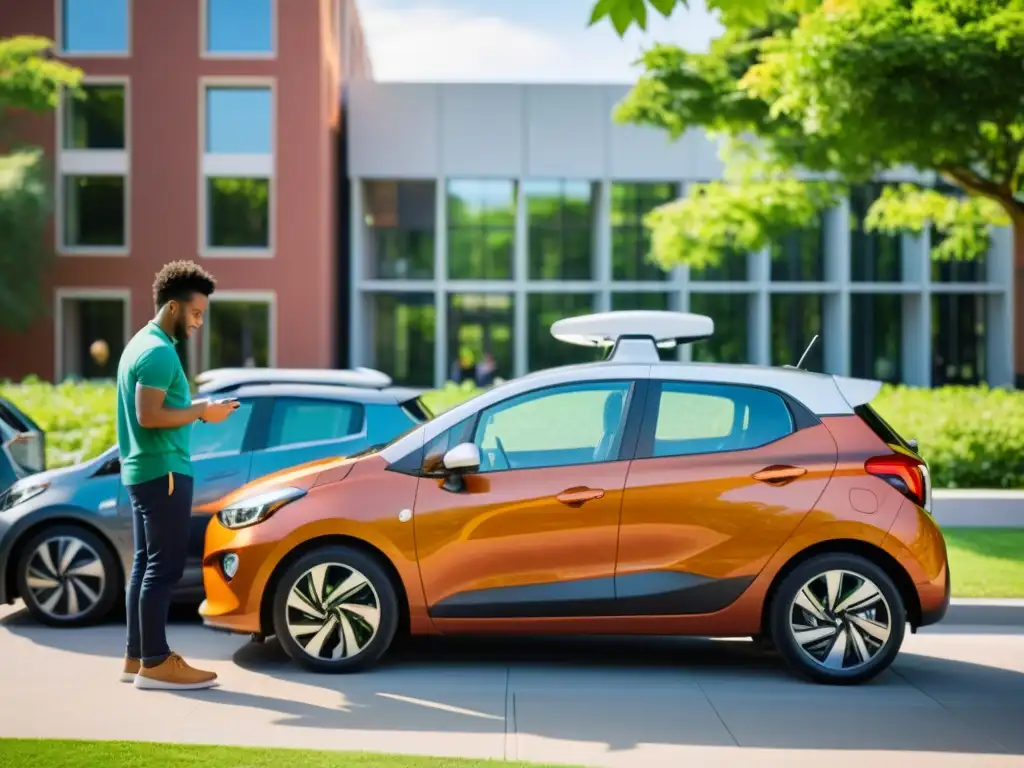 Estudiantes universitarios utilizan modelos de car sharing en campus, rodeados de vehículos, en un ambiente dinámico y sostenible