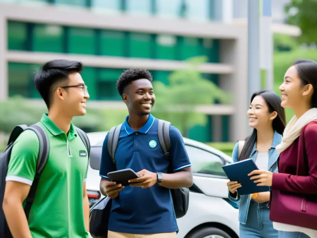 Estudiantes universitarios utilizan modelos de car sharing en universidades, accediendo a coches eléctricos y híbridos en el campus, mostrando entusiasmo por la tecnología sostenible