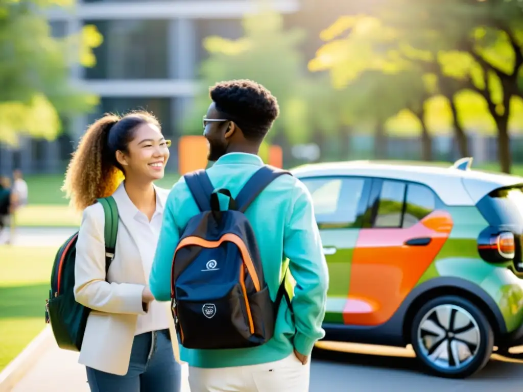 Estudiantes universitarios usan modelos de car sharing en campus, rodeados de naturaleza y edificios modernos