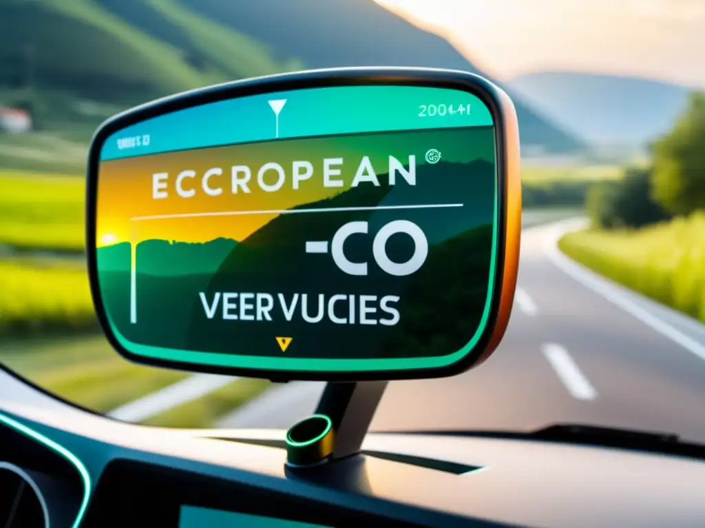 La etiqueta ecológica europea para vehículos en un auto eléctrico moderno, resplandeciendo con símbolos ecofriendly y reflejando la ciudad