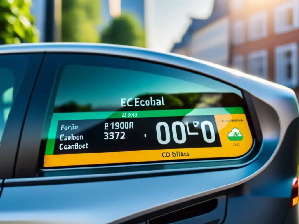 Etiqueta ecológica europea para vehículos en un coche eléctrico moderno, mostrando detalles y símbolos, con reflejos urbanos en el cristal