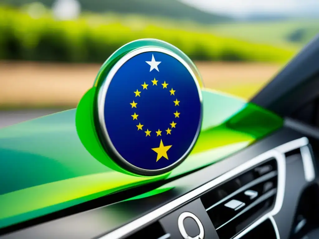 Etiqueta ecológica europea para vehículos en un coche eléctrico moderno, resaltando su diseño sostenible y energía limpia