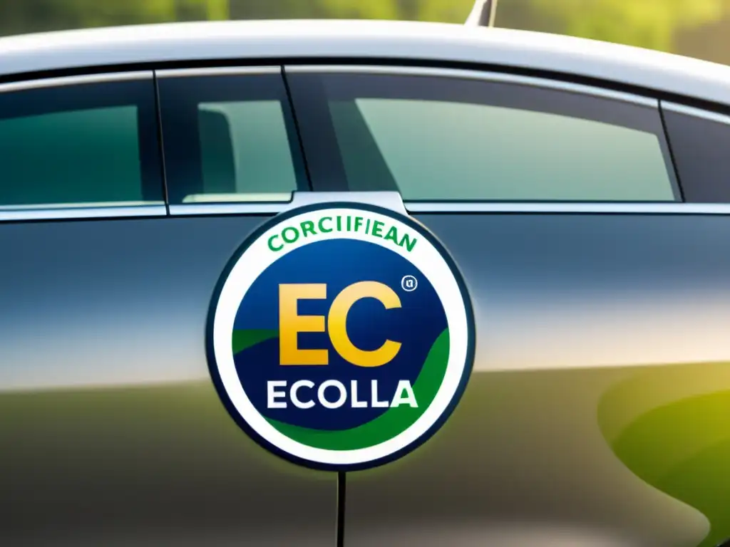 Etiqueta ecológica europea para vehículos en detalle, resaltando la conexión con tecnología ecofriendly y el número de certificación