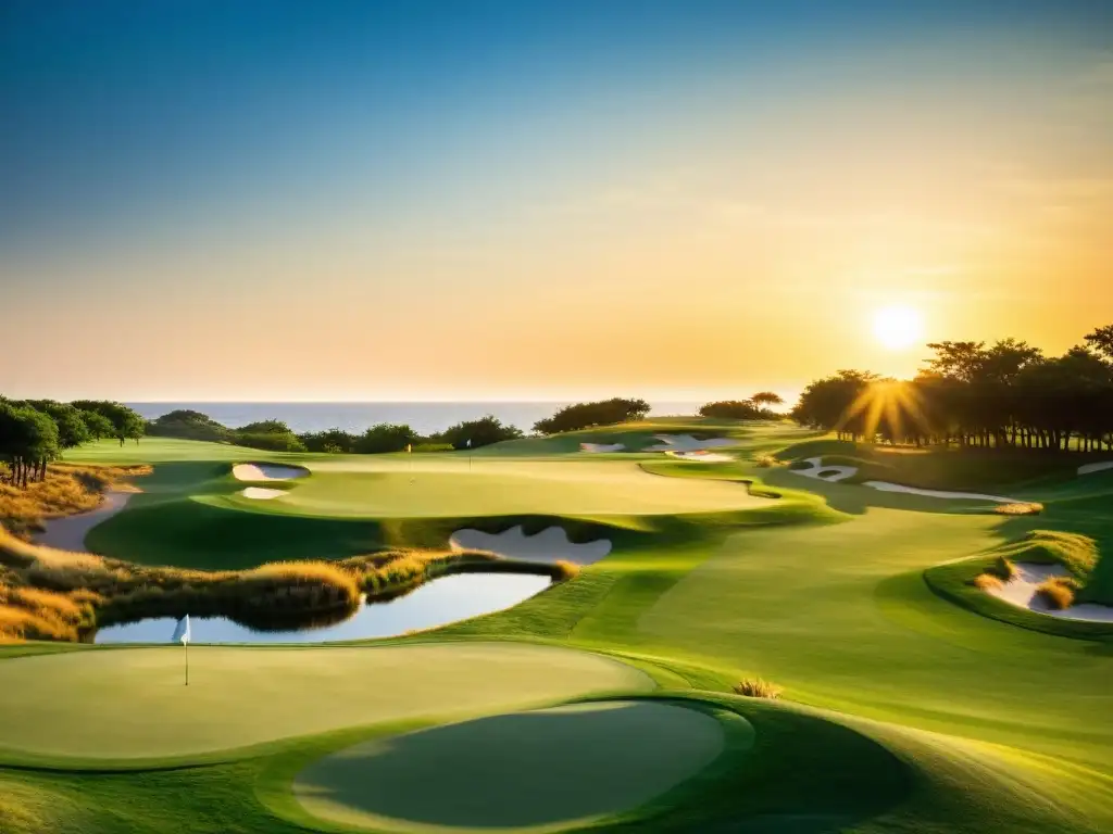 Un exclusivo destino para amantes del golf: campo de golf exuberante al atardecer, con golfistas teeing off