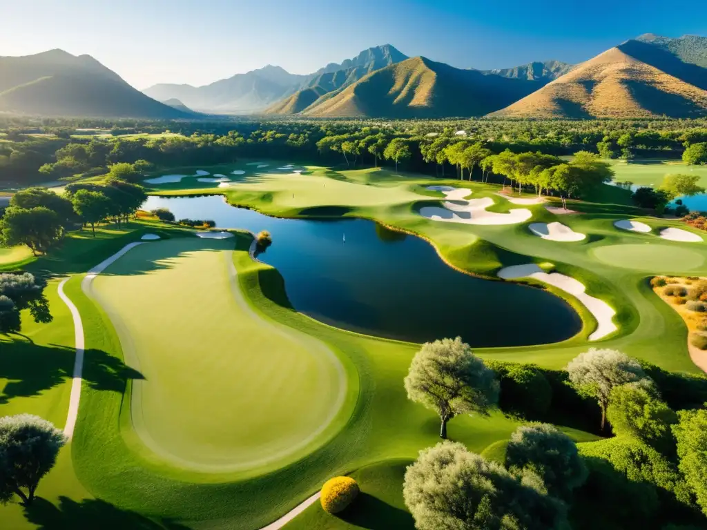 Un exclusivo destino para amantes del golf: un campo exuberante y lujoso, con montañas de fondo y golfistas disfrutando del sol