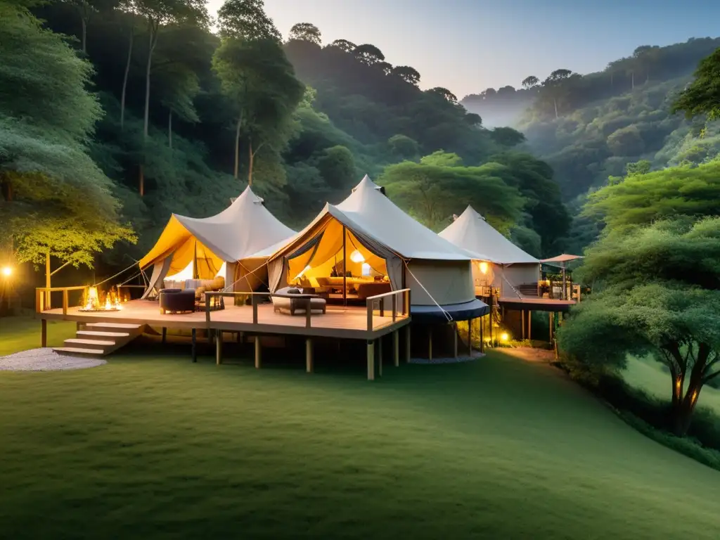 Exclusivo glamping de alta gama en la naturaleza con glamour, tiendas de safari elegantes, jacuzzis al aire libre y vistas expansivas