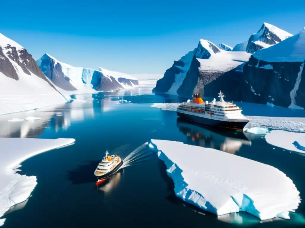 Una expedición de lujo al Ártico: un barco navegando entre glaciares y paisajes nevados, listo para la aventura polar