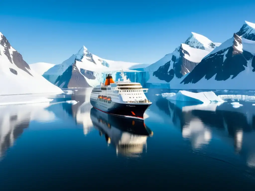 Una expedición de lujo al Ártico con un elegante barco navegando entre hielos y majestuosas montañas nevadas, evocando aventura y exclusividad