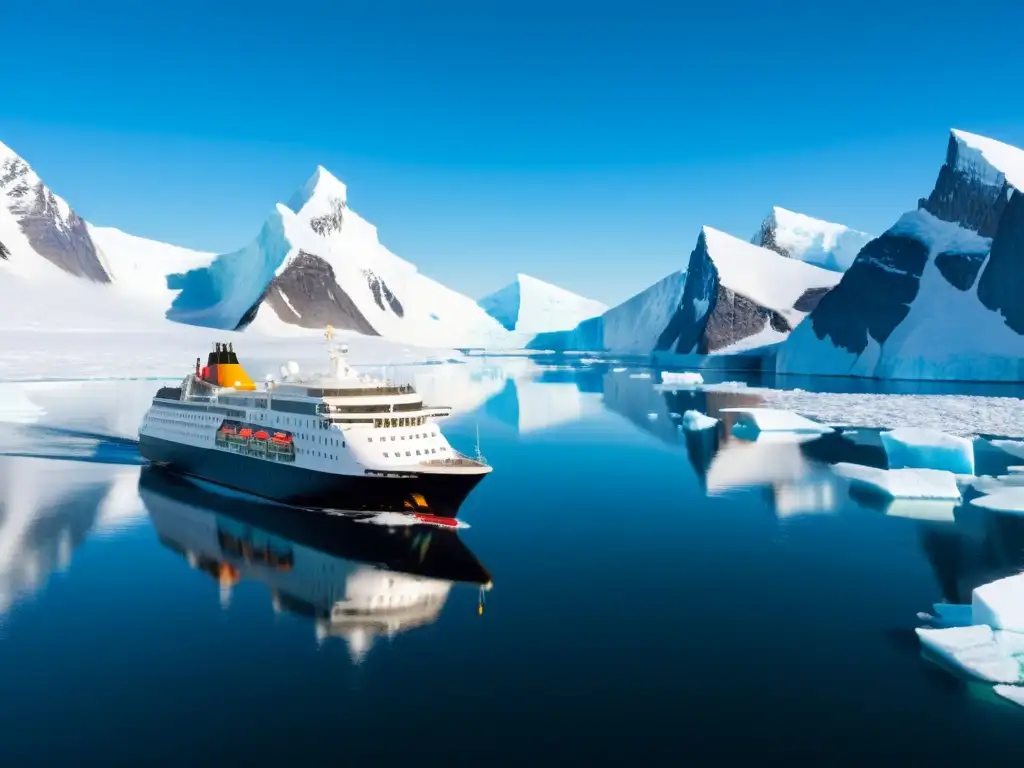 Expediciones de lujo al Ártico: Increíble crucero polar rodeado de hielo y montañas nevadas, reflejando la exclusividad y belleza del Ártico