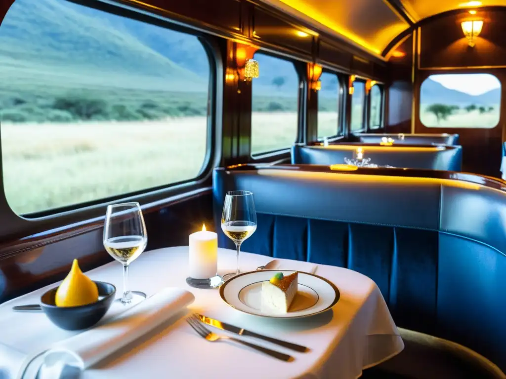 Una experiencia gastronómica en trenes de lujo: mesa elegante y opulenta en el lujoso comedor del Tren Azul en Sudáfrica, con paisaje sudafricano de fondo