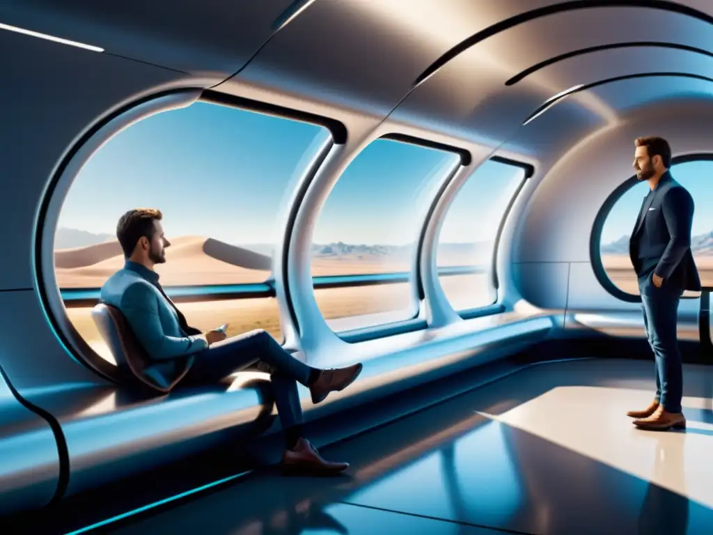 Experiencia de usuario en Hyperloop: Pasajeros relajados disfrutan del viaje en un pod futurista, con asientos cómodos y tecnología avanzada