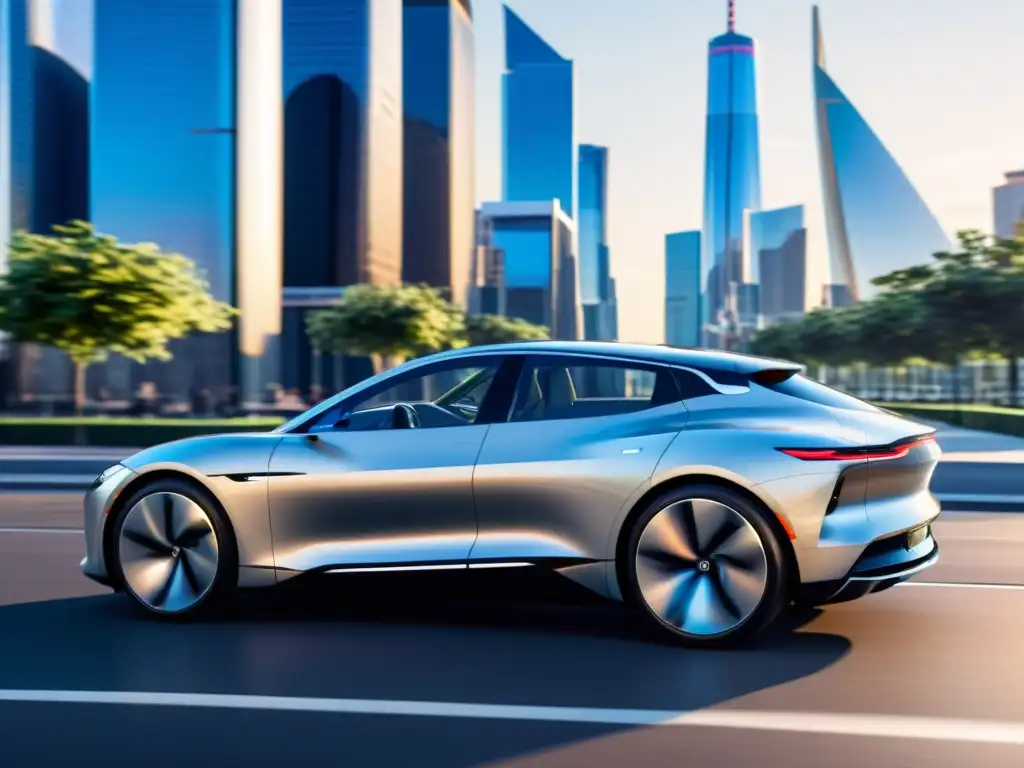 Experiencia de usuario en vehículos eléctricos de lujo: coche autónomo, diseño futurista, integración perfecta en la ciudad moderna