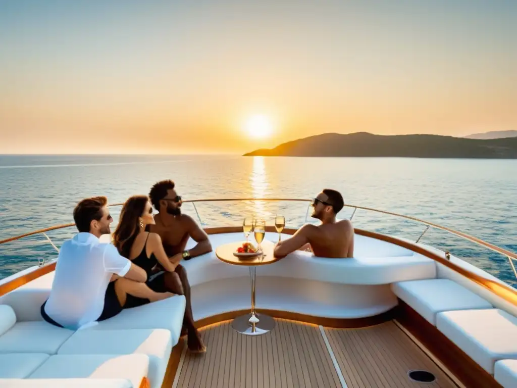 Experiencias a bordo de yates de lujo: amigos disfrutan del atardecer en un lujoso yate, brindando con champagne mientras el sol se refleja en el mar