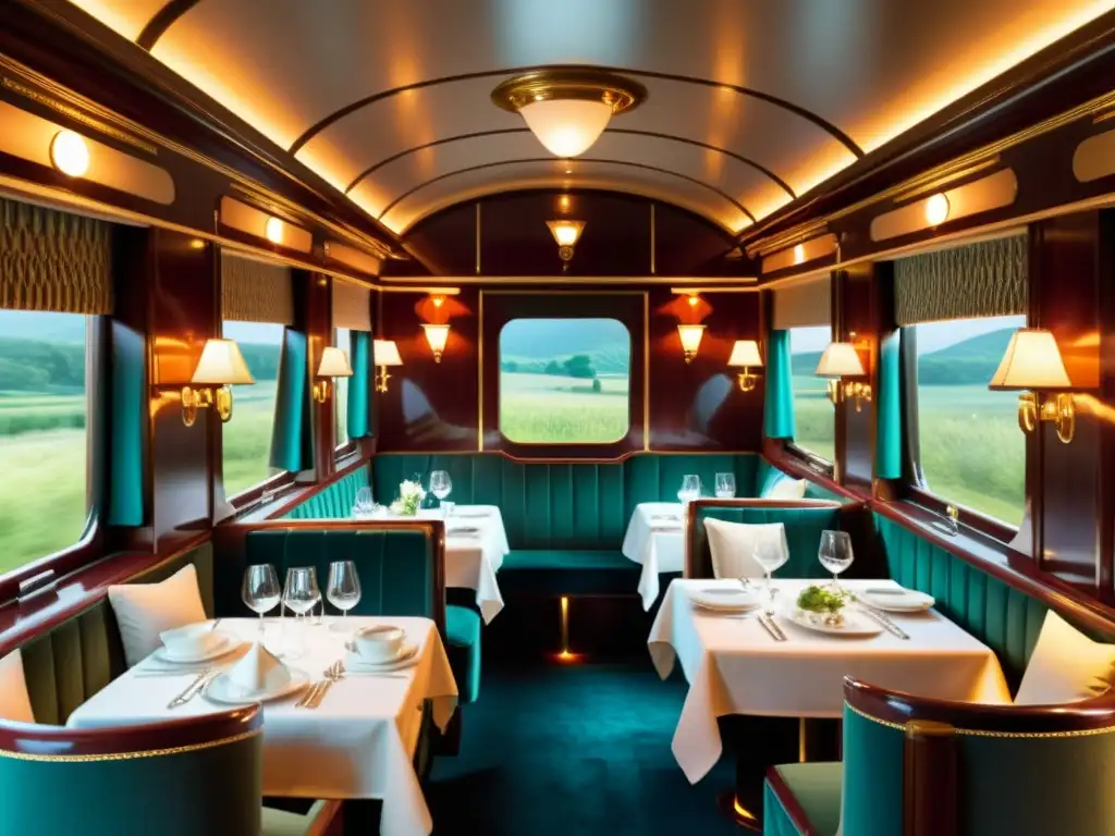 Experiencias gastronómicas en trenes: lujoso comedor del Orient Express con elegante decoración vintage y exquisita cena gourmet