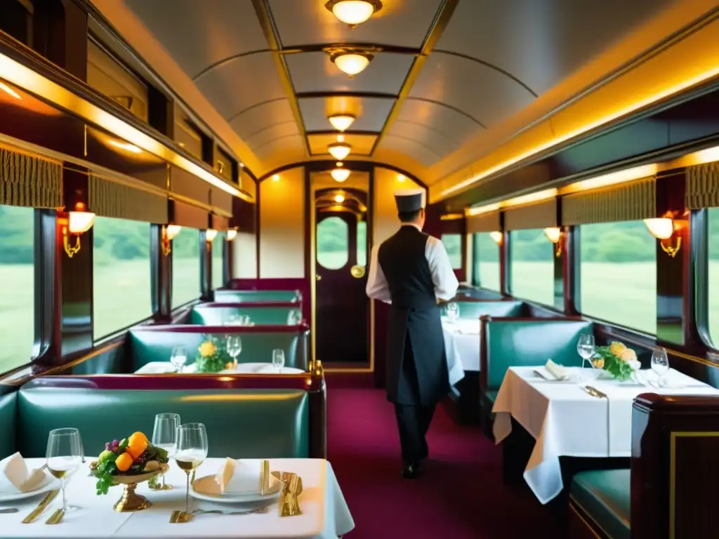 Experiencias gastronómicas en trenes: Un lujoso coche comedor vintage con una mesa elegante, iluminación suave y un chef preparando una comida gourmet