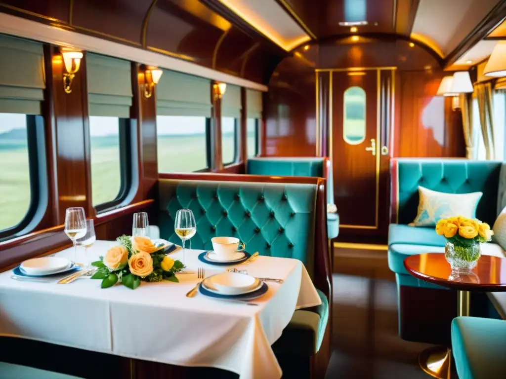 Experiencias gastronómicas en trenes: mesa elegante en tren de lujo, con vajilla, copas y flores, bañada en cálida luz, creando ambiente acogedor