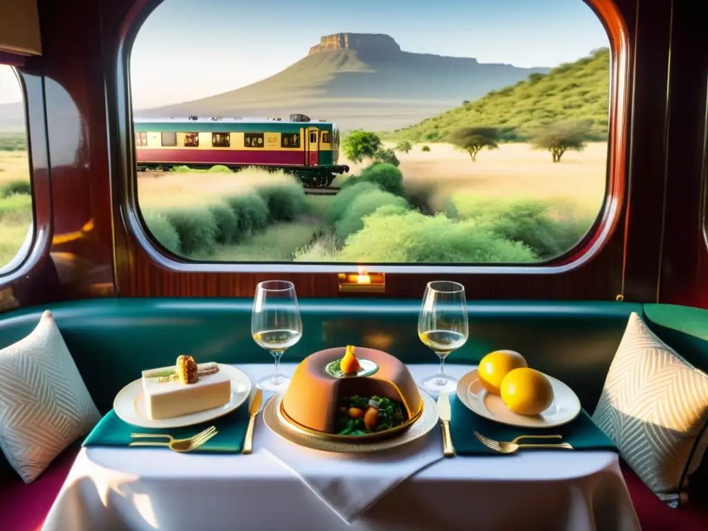 Experiencias gastronómicas en trenes: Mesa elegante con platos africanos, servicio atento y ambiente lujoso a bordo del Rovos Rail