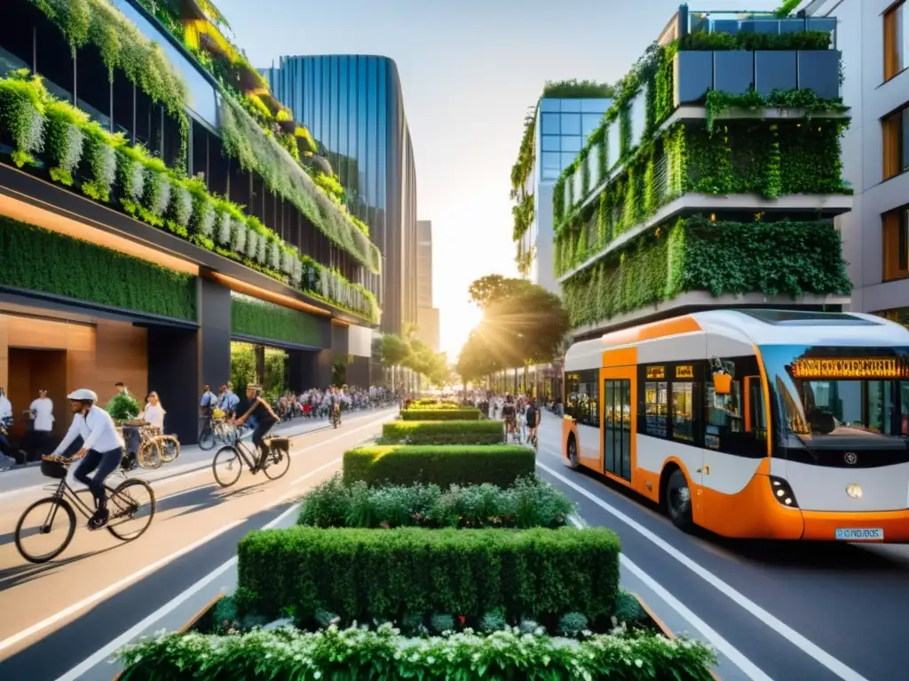 Experiencias de transporte sostenibles en una ciudad moderna, con vibrante naturaleza urbana y arquitectura ecofriendly al atardecer