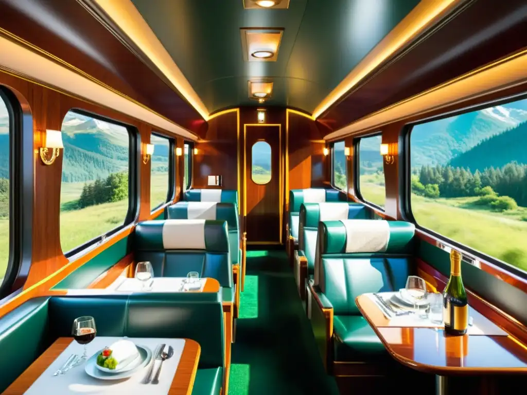 Experiencias de viaje de lujo en transporte: Interior de tren lujoso con paisaje montañoso nevado y pasajeros disfrutando de comidas gourmet